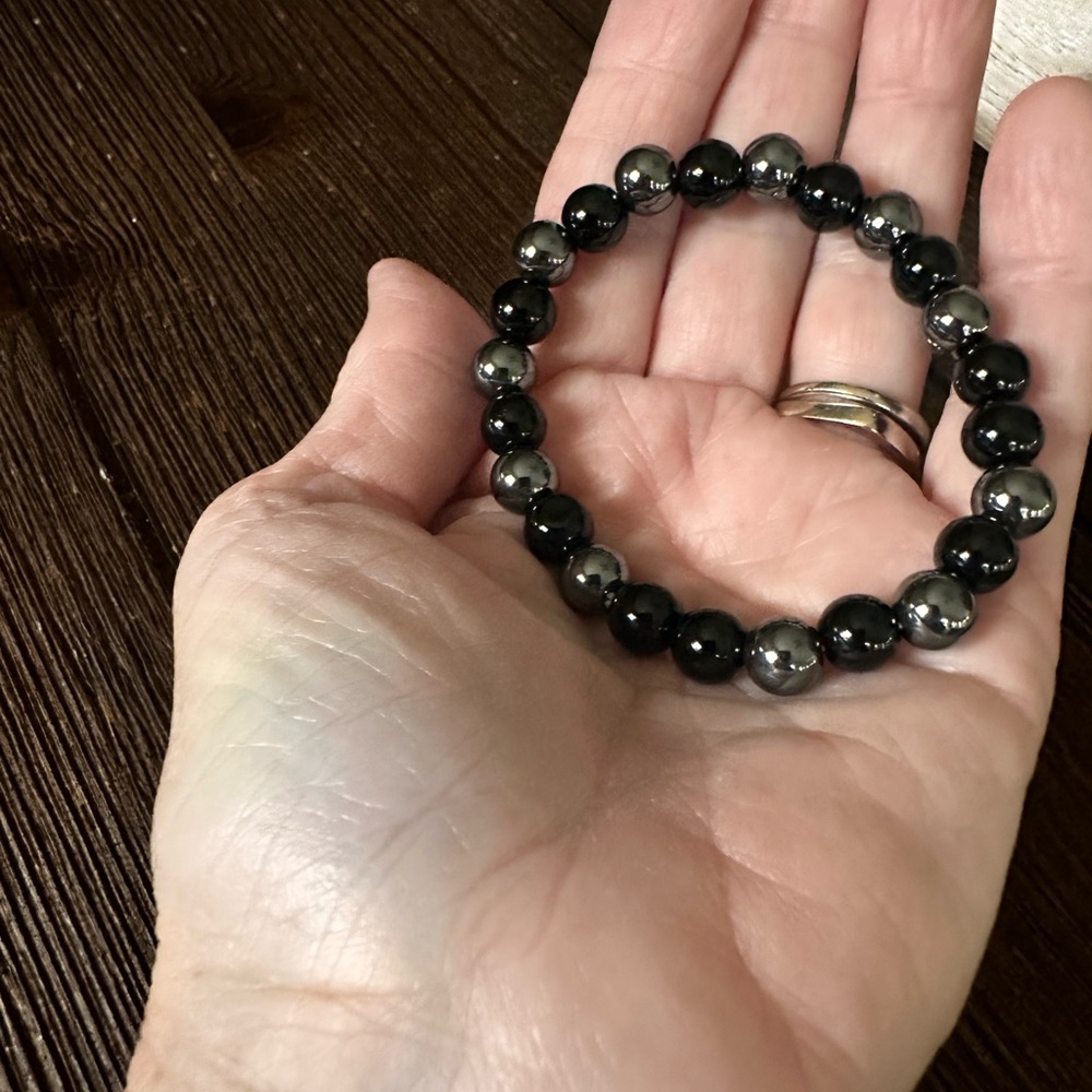 Handmade Hematite obsidian beaded Black and Silver stretch Bracelet for memory